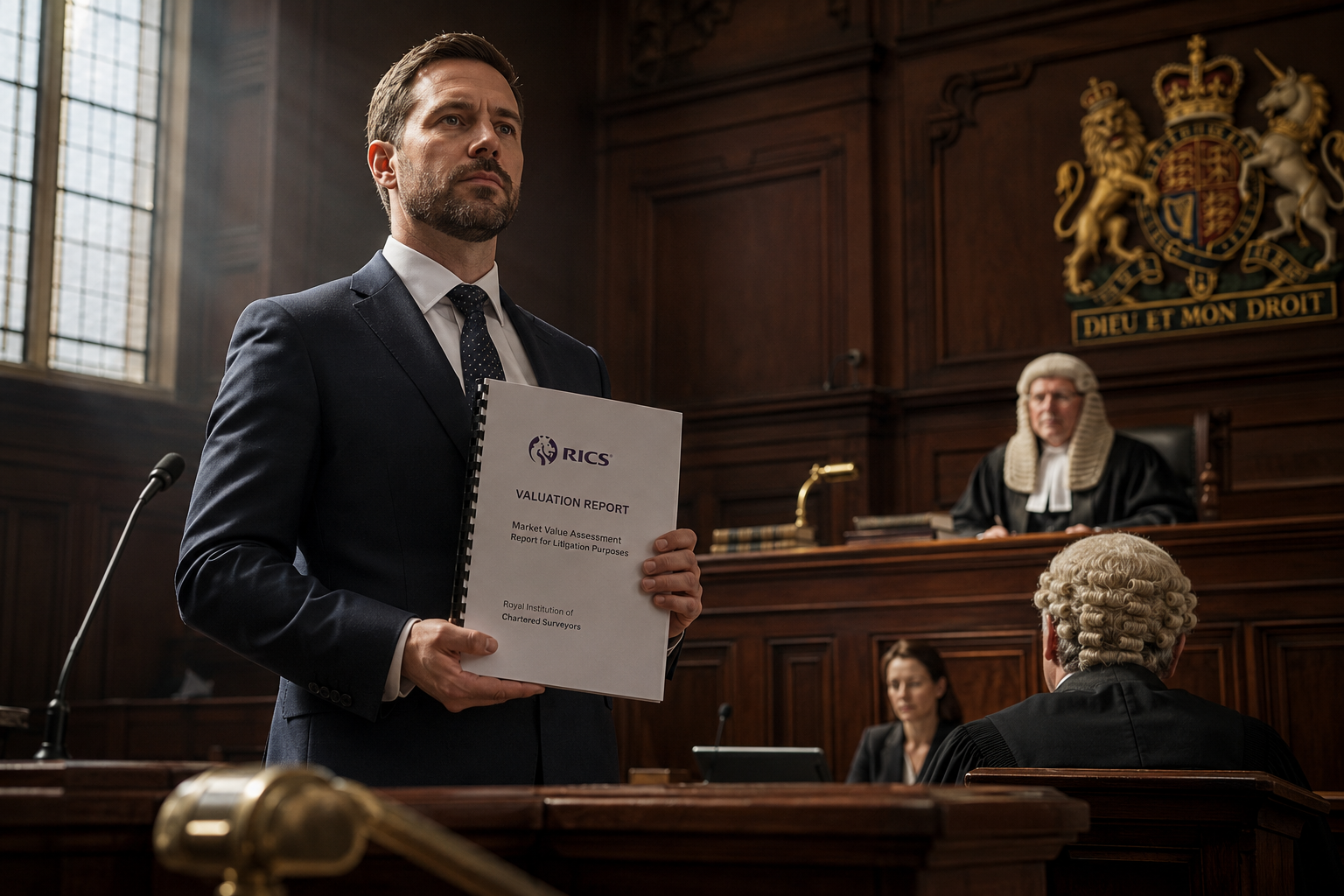Dramatic low-angle courtroom scene showing a confident male expert witness surveyor standing at a witness box in a formal UK