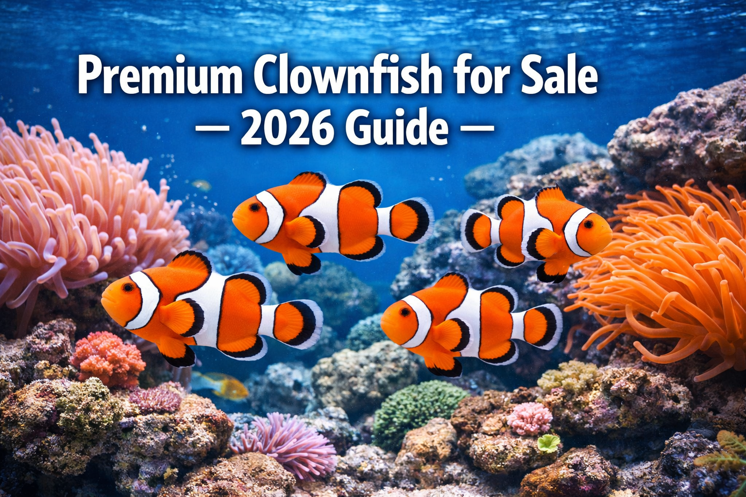 Professional landscape hero image (1536x1024) featuring vibrant orange and white clownfish swimming among coral reef with bold text overlay 