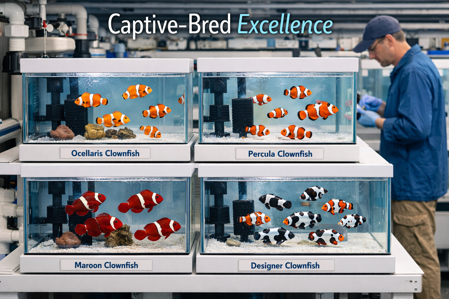 Detailed landscape image (1536x1024) showing various clownfish species in individual display tanks at professional marine fish facility. Fea