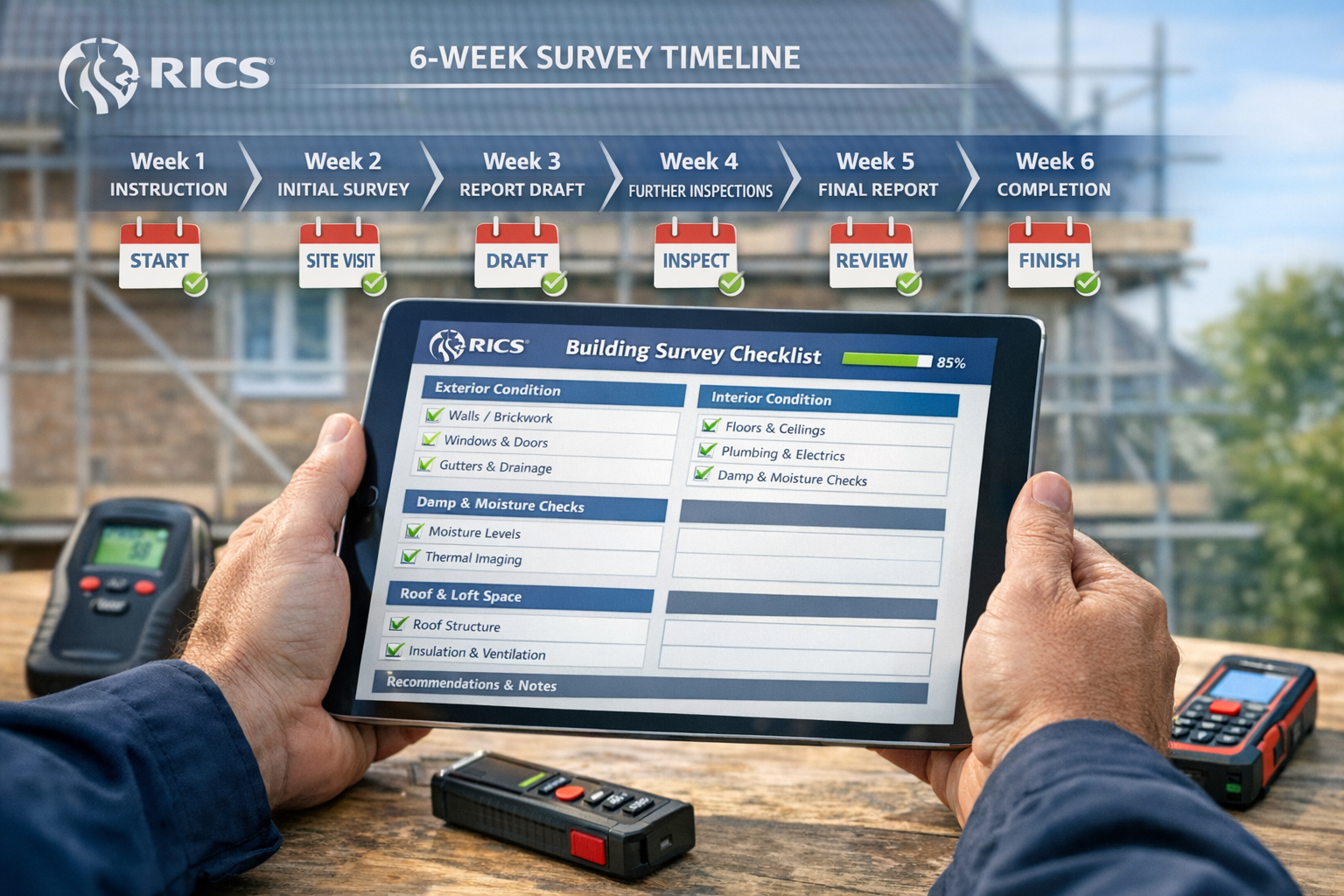 Detailed () image showing close-up of professional RICS surveyor's hands holding digital tablet displaying comprehensive
