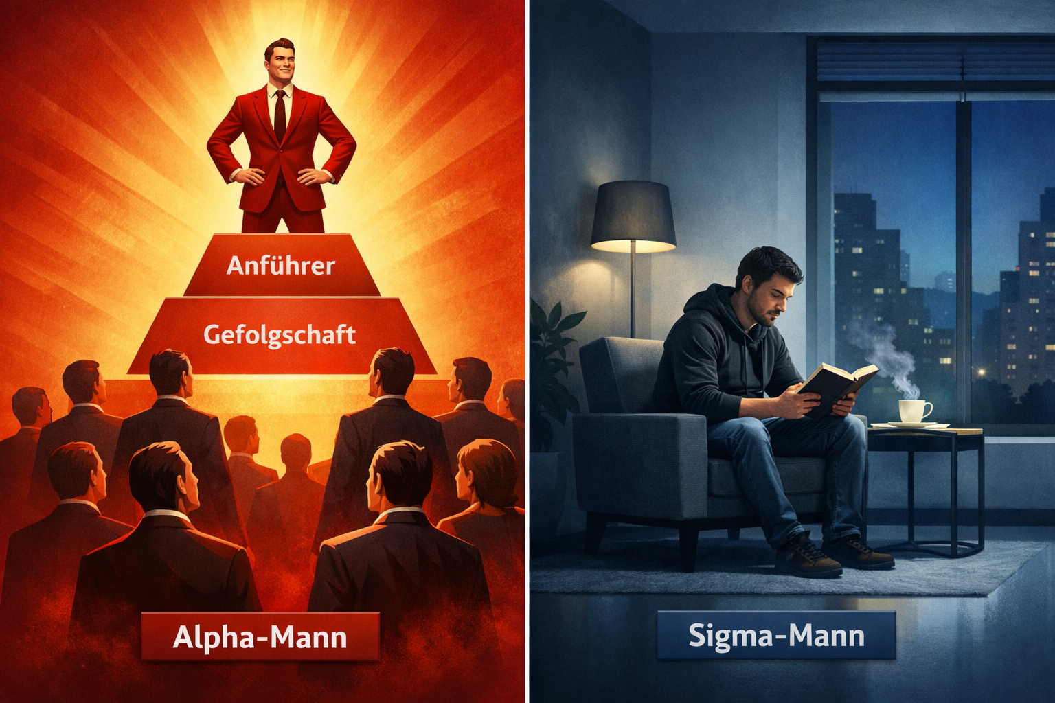 () editorial concept illustration: a split-screen visual comparison showing two male archetypes side by side. Left side
