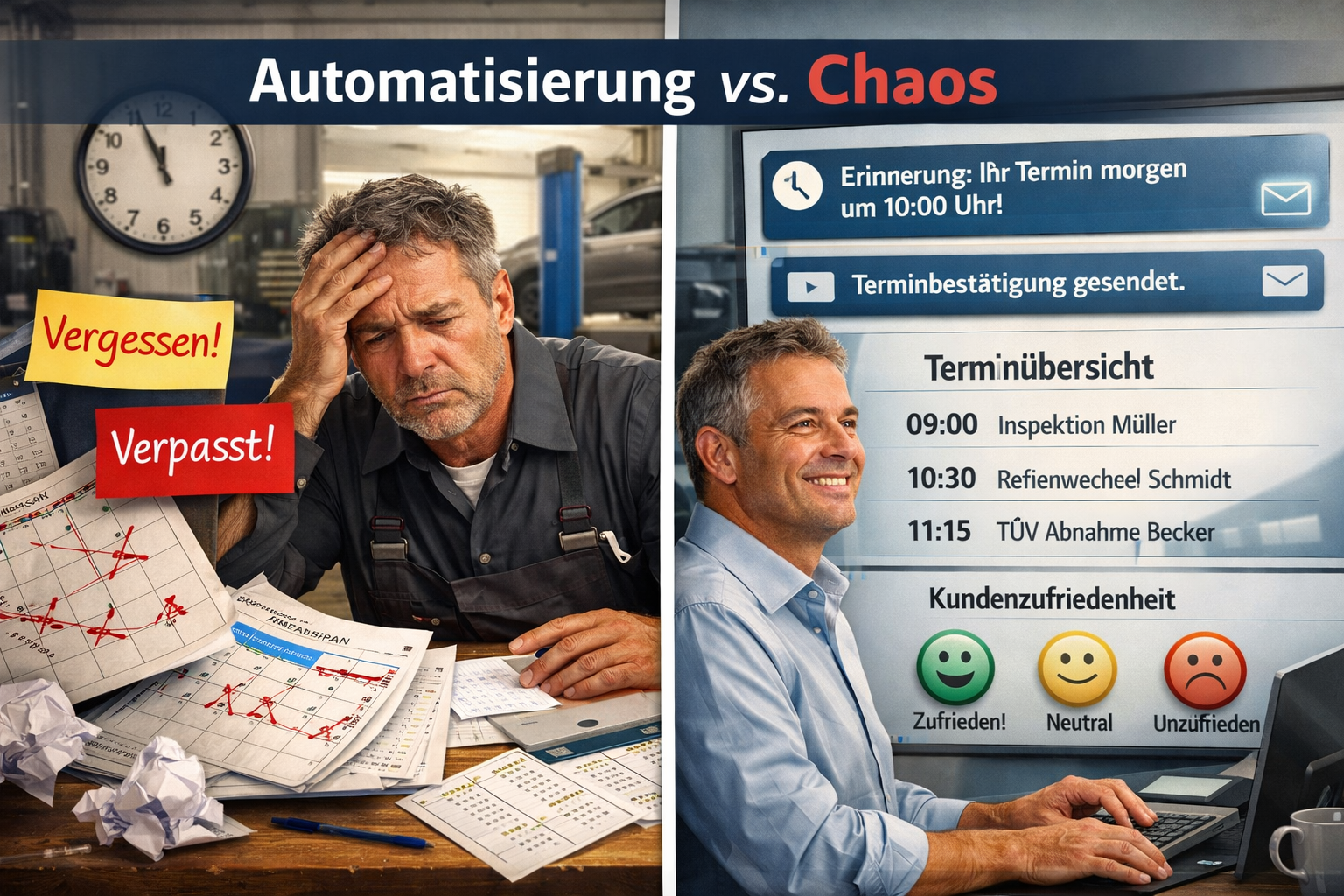 Detailed () image showing split-screen comparison: left side shows stressed workshop manager with paper calendars and missed
