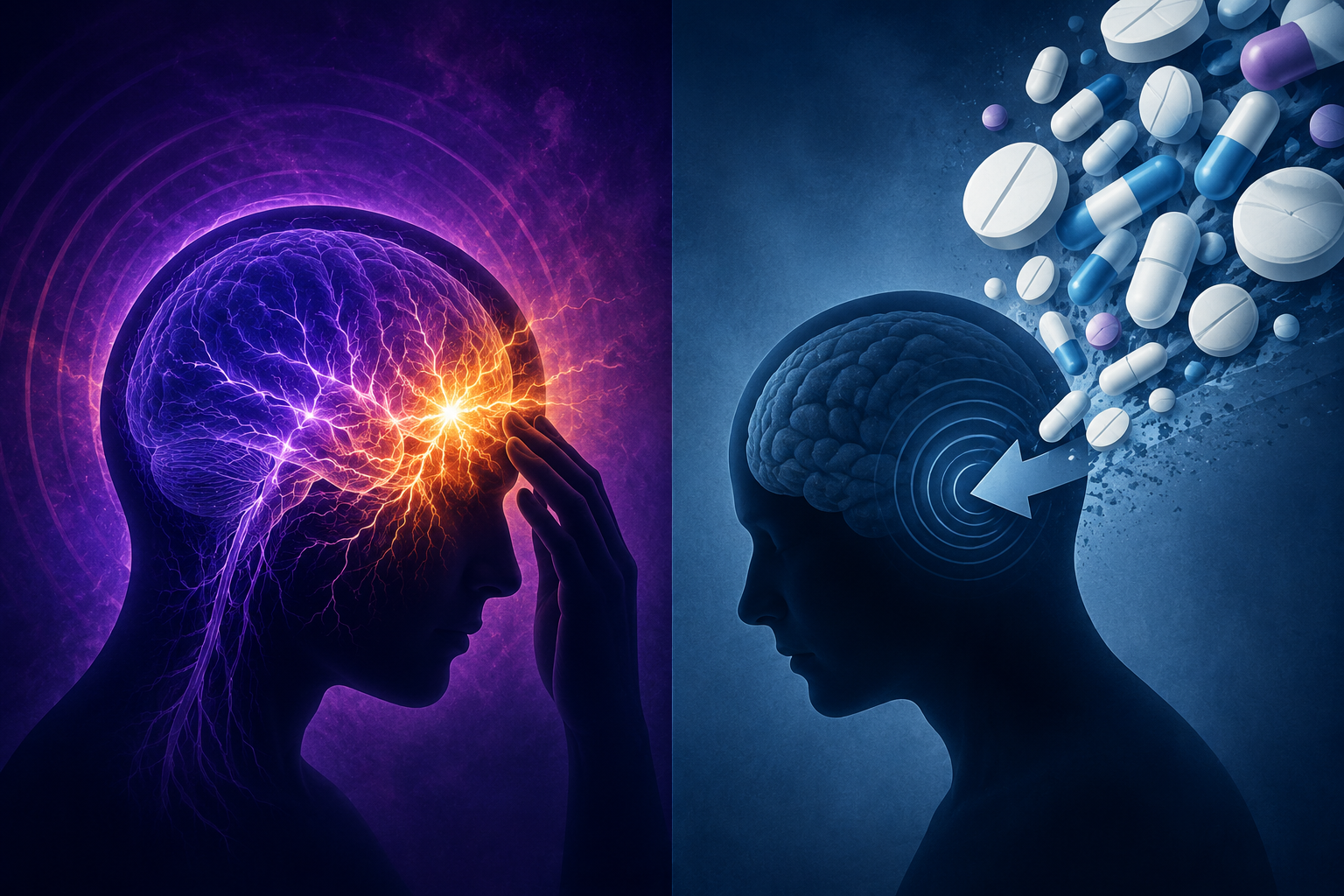 Editorial illustration in (). A split-screen conceptual image clearly delineating different headache types. The left side