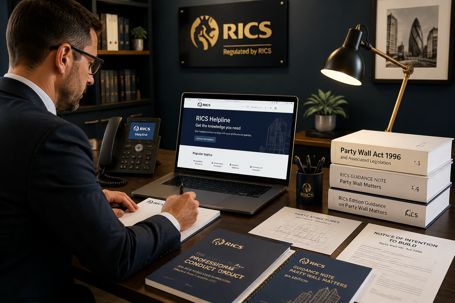 Wide-angle () editorial image showing a professional RICS-regulated surveyor at a desk surrounded by party wall legislation