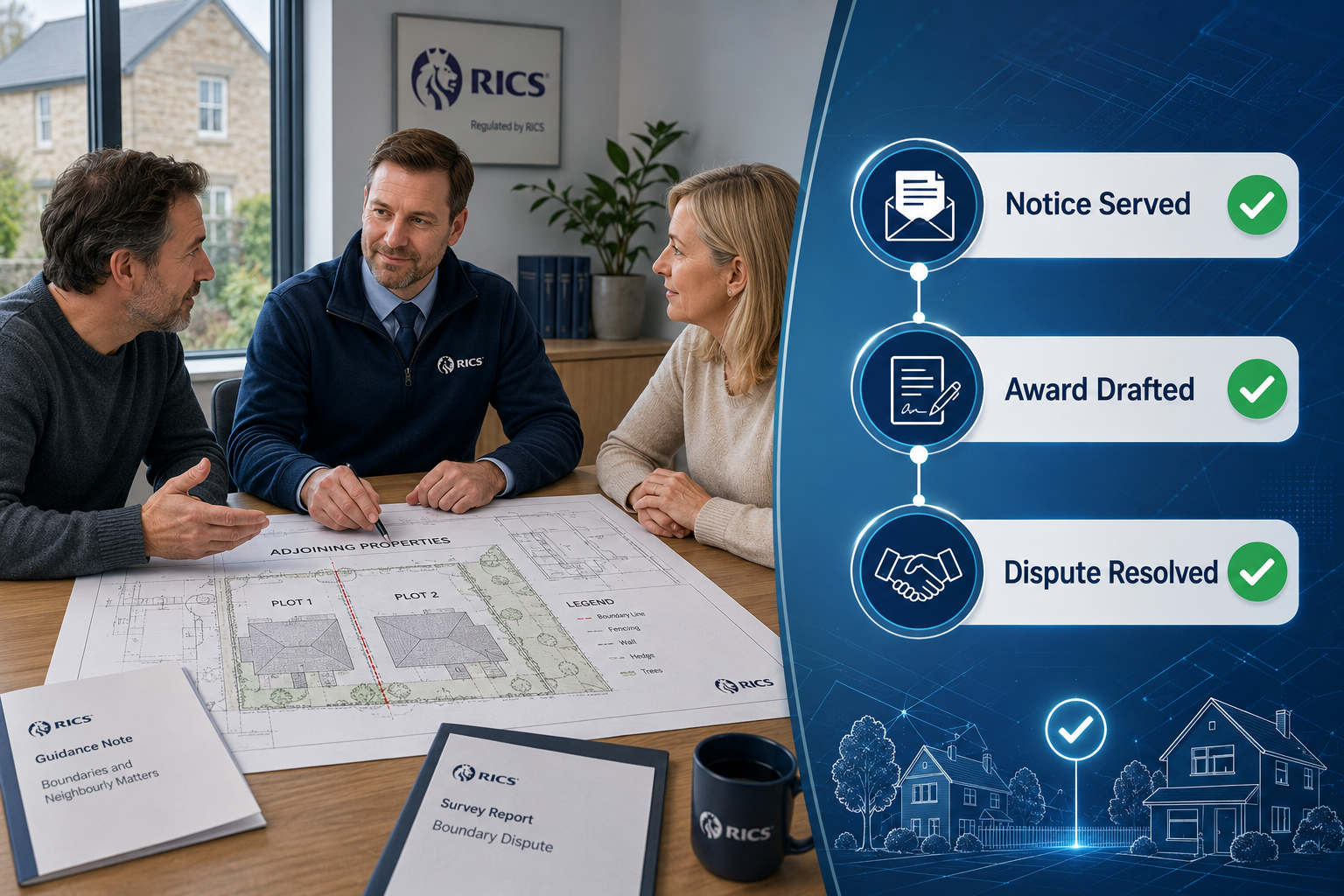 () split-scene infographic-style image: left side shows a calm surveyor mediating between two homeowners across a table with