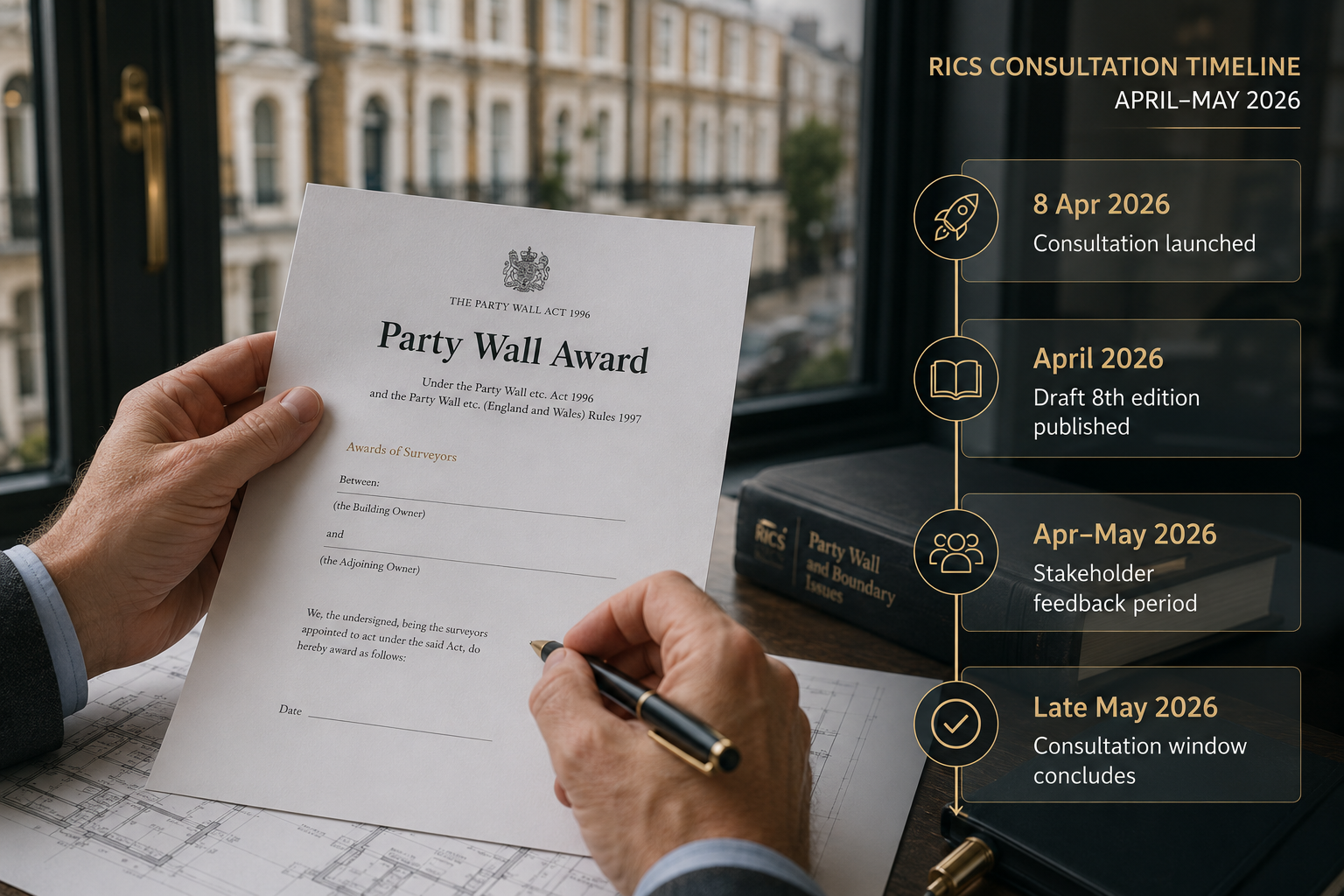 () close-up editorial photograph of a surveyor's hands holding a party wall award document with a pen, overlaid with a