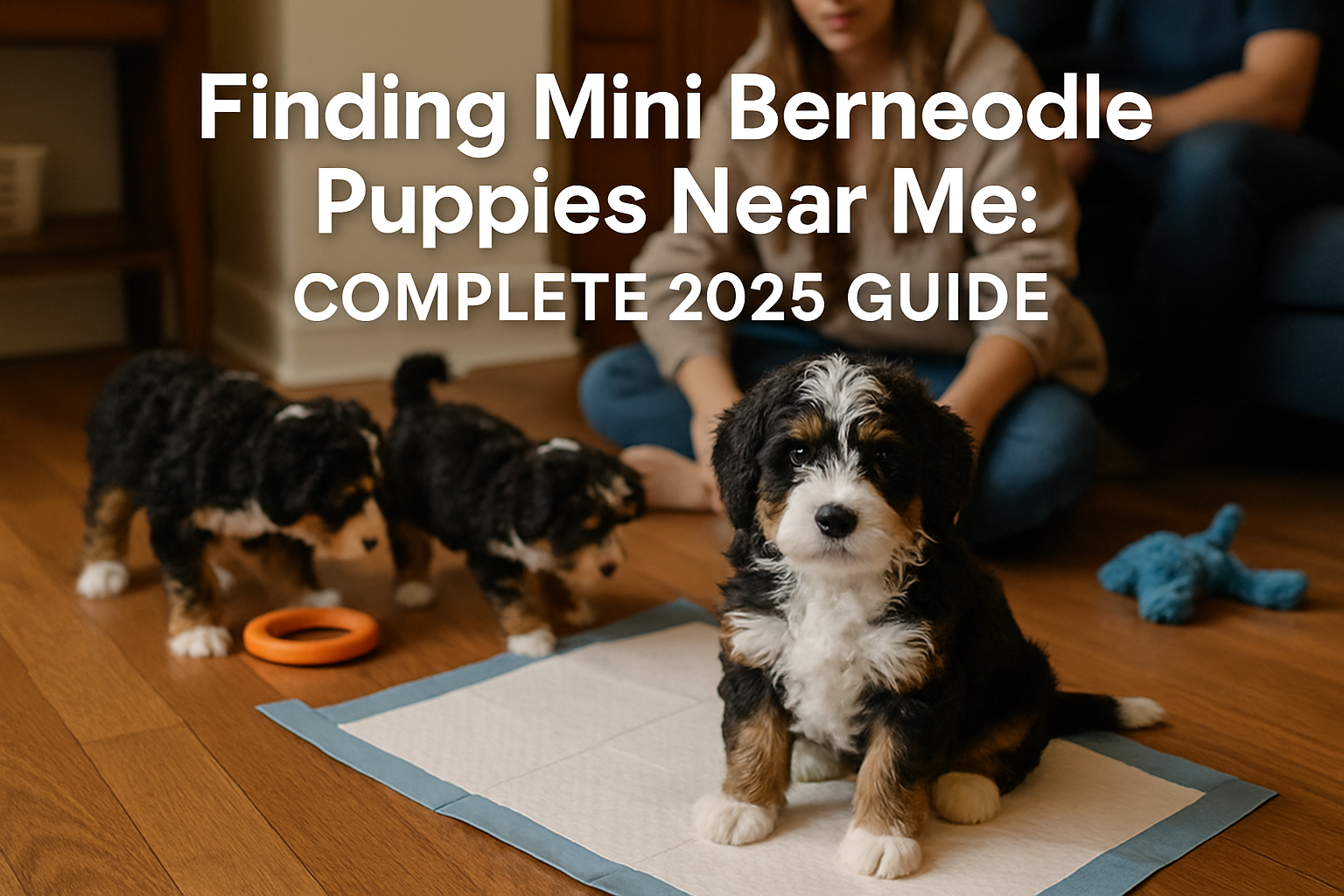 Professional landscape hero image (1536x1024) featuring adorable mini bernedoodle puppies in a cozy home setting with bold text overlay 'Fin