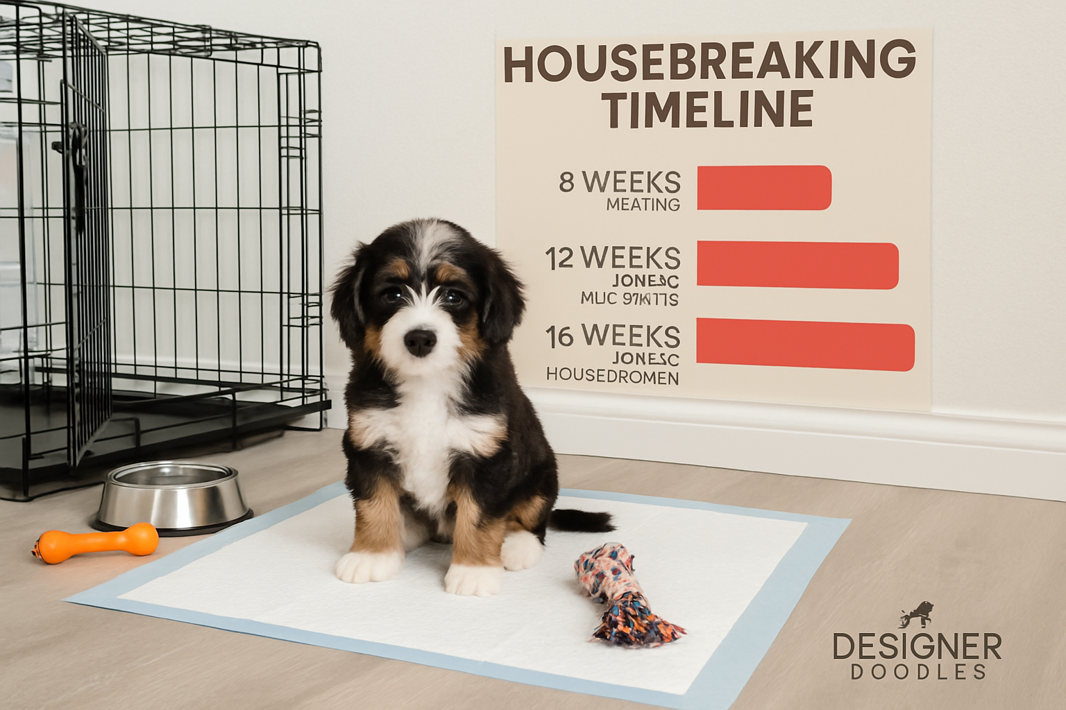 Landscape image (1536x1024) showing a mini bernedoodle puppy successfully using a training pad in a well-organized puppy area with visual el