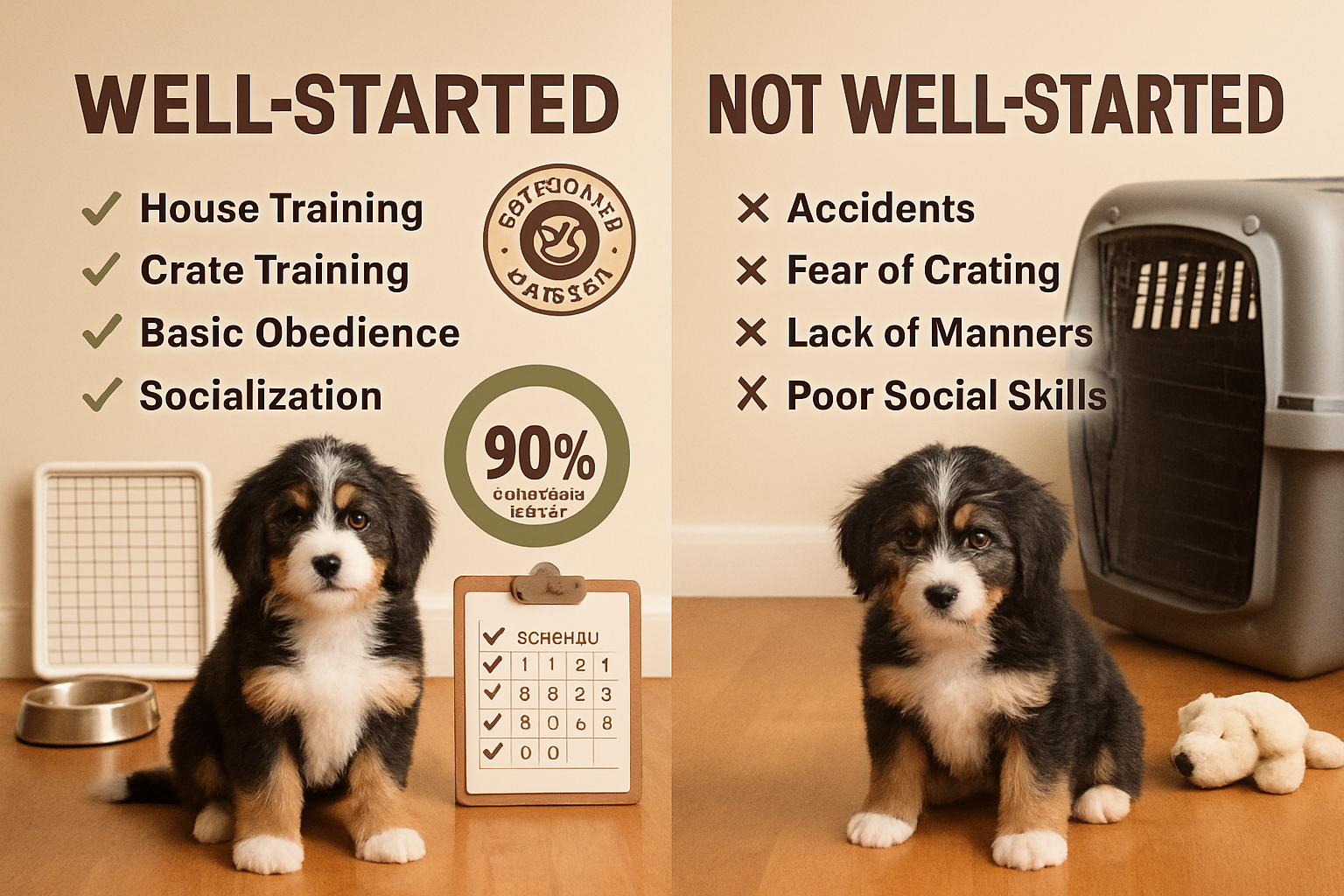 Landscape image (1536x1024) depicting a comparison chart of well-started vs non-well-started mini bernedoodle puppies, showing two side-by-s