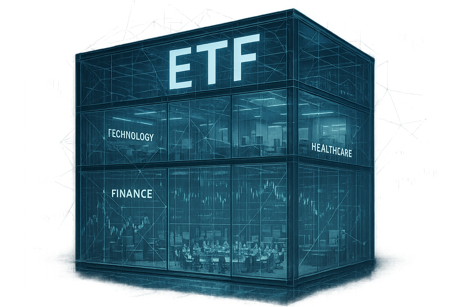 Detailed architectural visualization of an Exchange Traded Fund (ETF) as a complex, transparent glass structure representing diversified inv