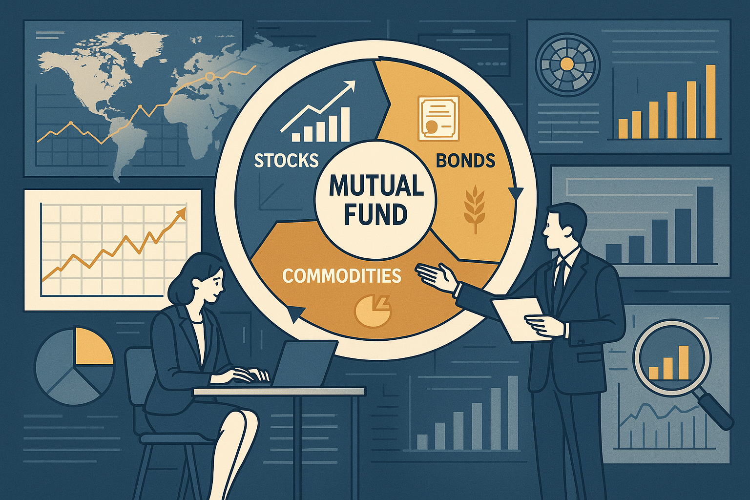 Comprehensive visual representation of a Mutual Fund as an intricate, multi-layered investment mechanism. Illustration shows professional fu
