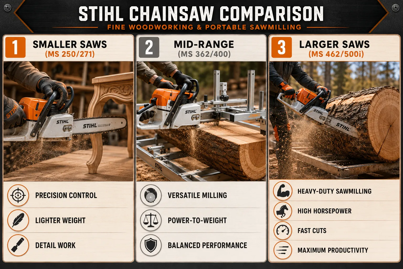Choosing the Best Stihl Chainsaw for Fine Woodworking and Portable Sawmilling: Model Comparison