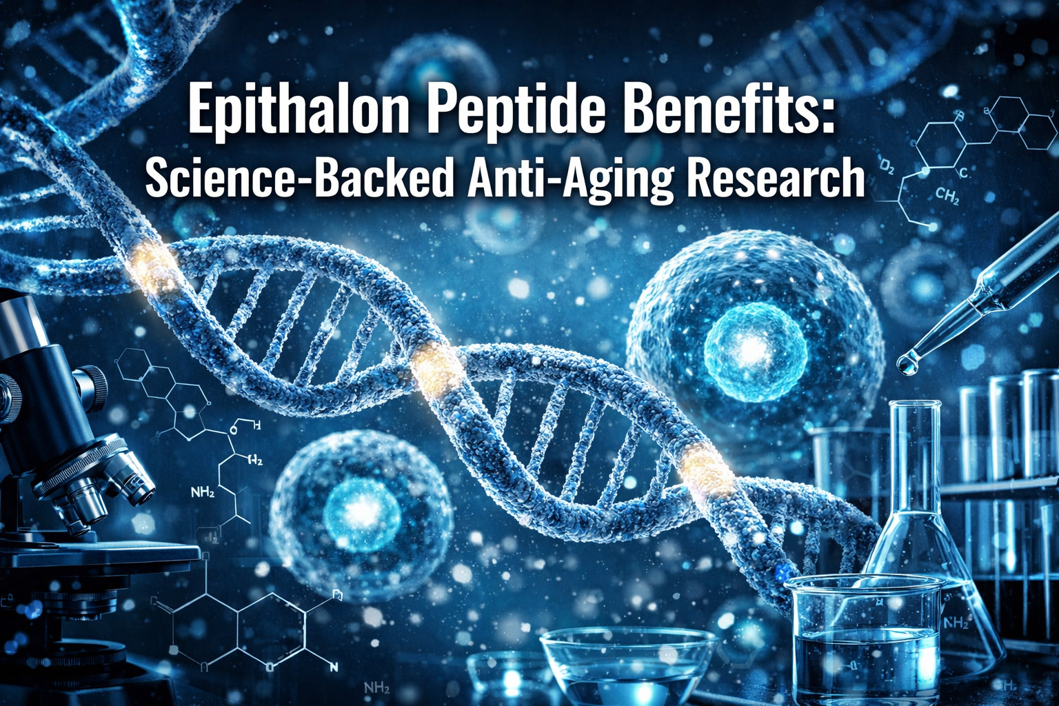 Professional landscape format (1536x1024) hero image featuring bold text overlay 'Epithalon Peptide Benefits: Science-Backed Anti-Aging Rese