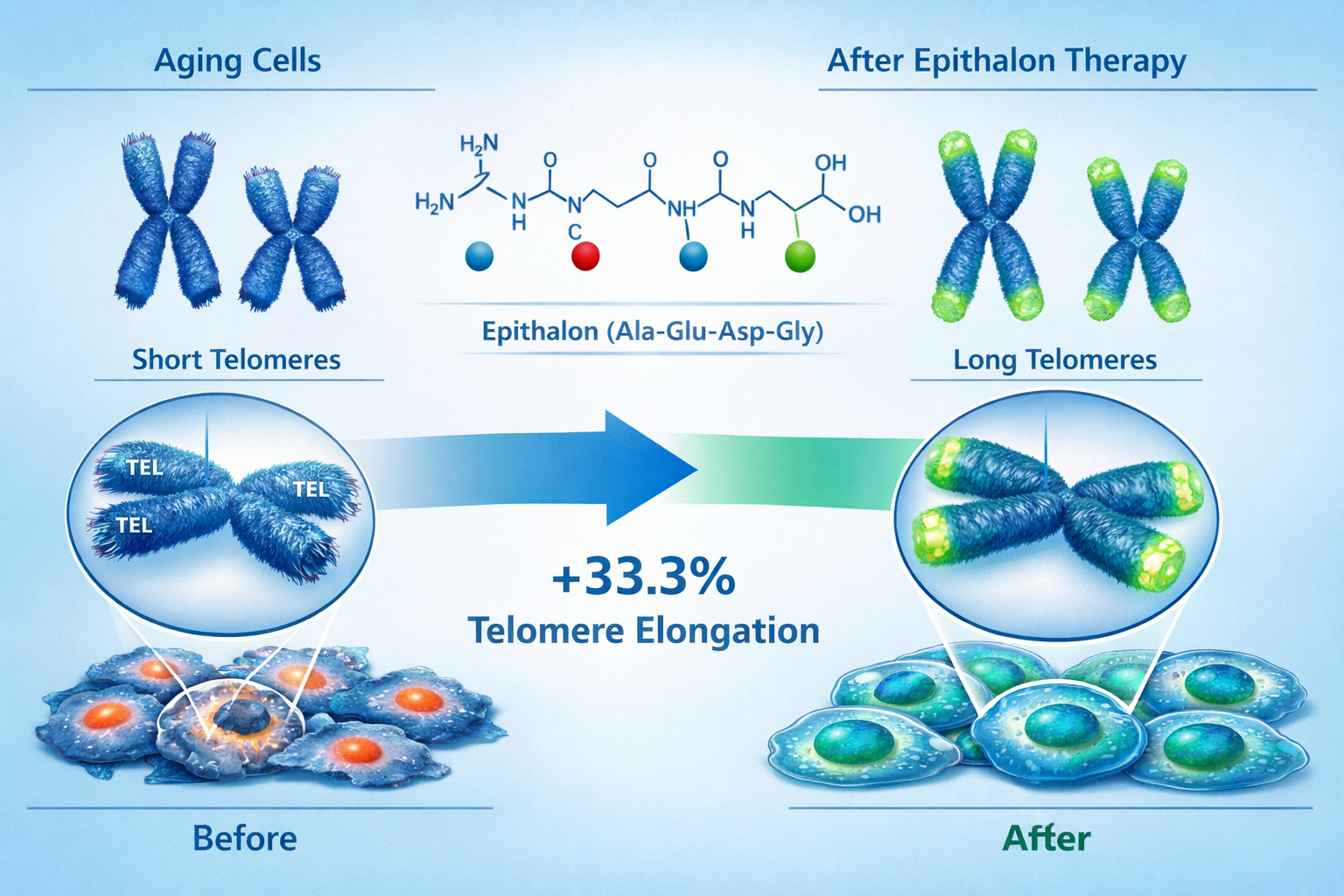 Detailed landscape format (1536x1024) scientific illustration showing telomeres at chromosome ends with before/after comparison of epithalon