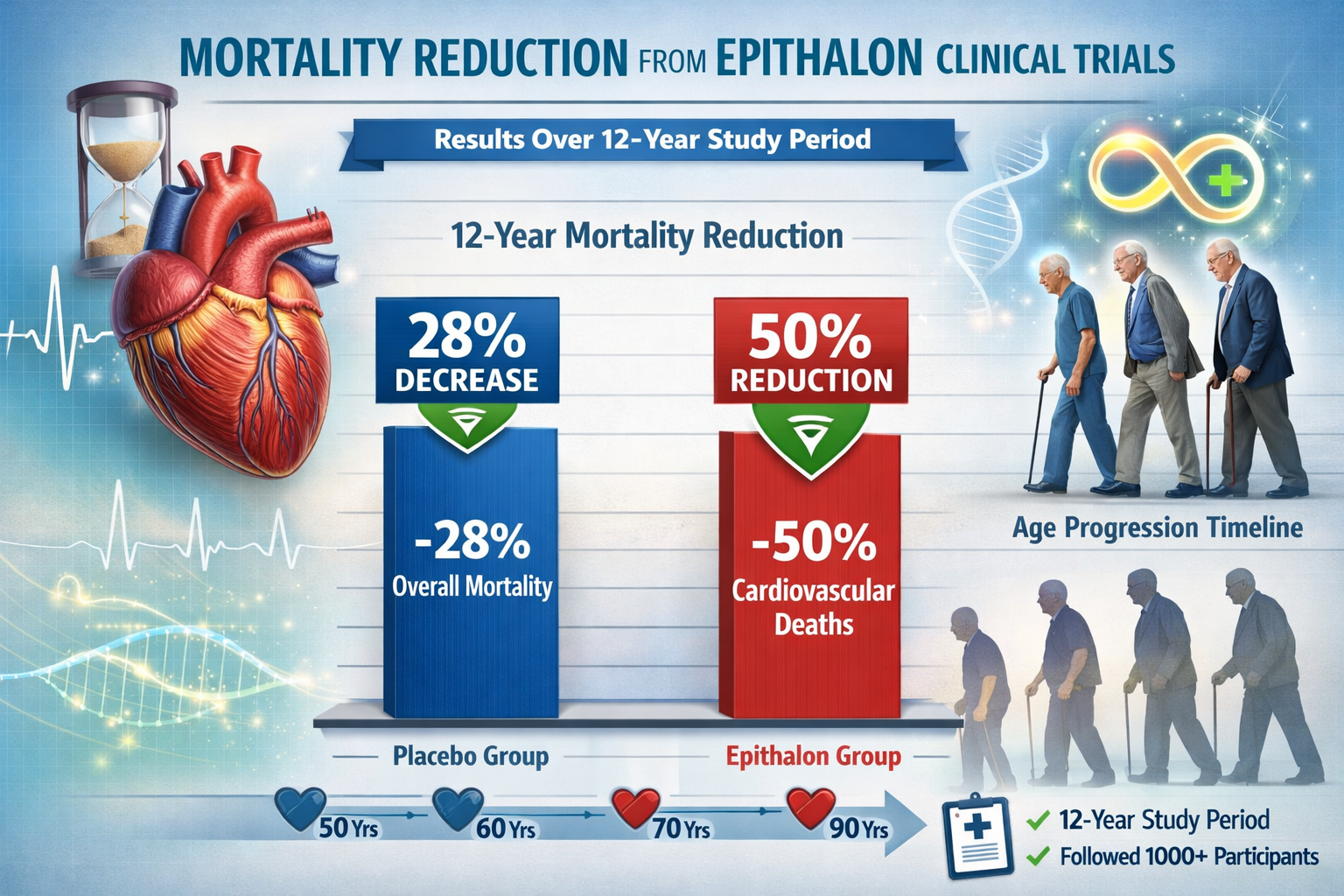 Detailed landscape format (1536x1024) infographic displaying mortality reduction statistics from epithalon clinical trials. Central bar char