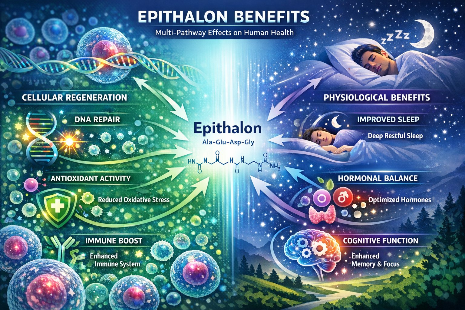 Detailed landscape format (1536x1024) comprehensive benefits overview showing epithalon's multi-pathway effects on human health. Split-scree