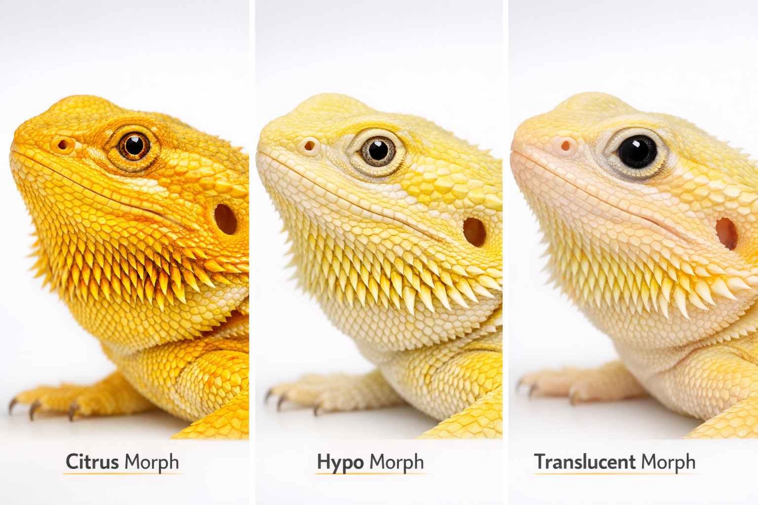 Detailed close-up photograph of a vibrant yellow bearded dragon showing intricate scale patterns and coloration variations, with side-by-sid