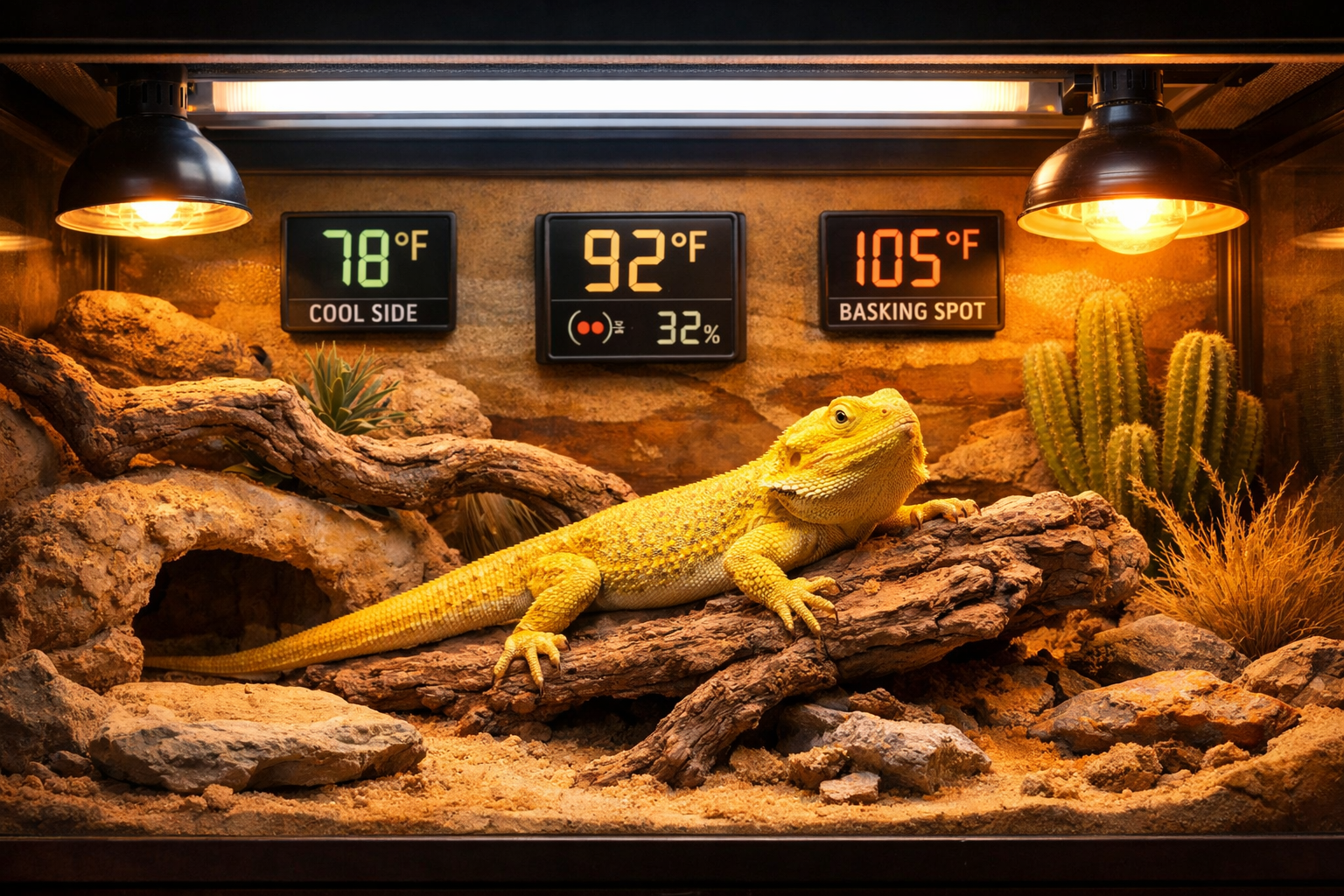 Professional terrarium setup specifically designed for yellow bearded dragons, featuring optimal lighting systems with UVB and basking bulbs