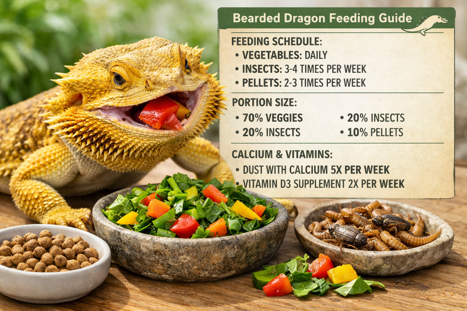 High-quality action shot of yellow bearded dragon feeding, showing proper diet with fresh vegetables, insects, and commercial pellets arrang