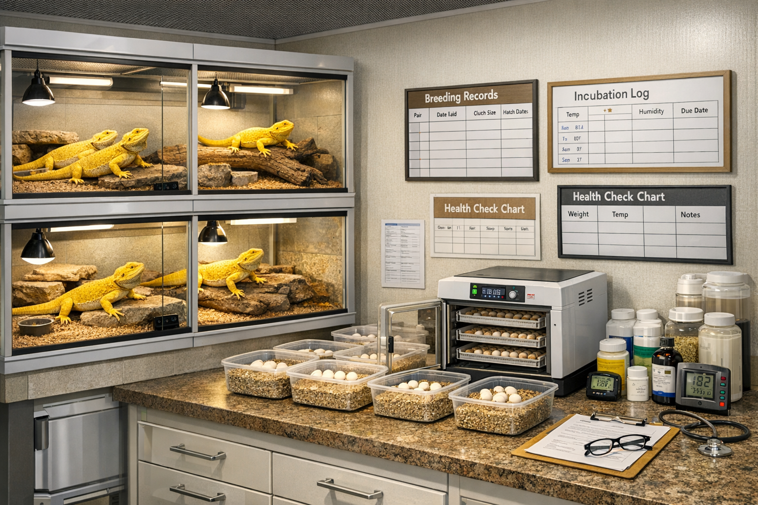 Professional breeding facility environment showing multiple yellow bearded dragon specimens in clean, spacious enclosures with proper ventil