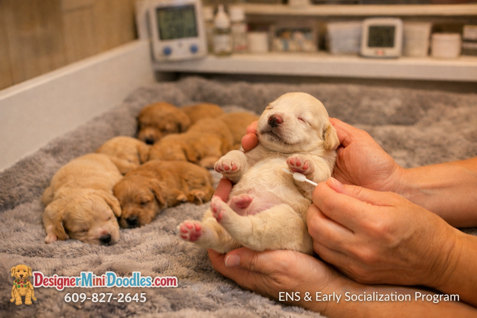 Detailed () warm photograph of a newborn litter of tiny goldendoodle puppies in a professional whelping box with soft