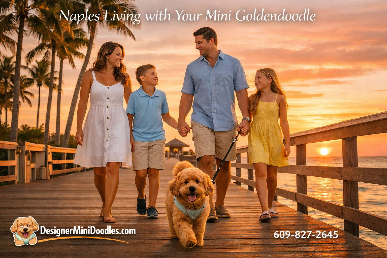 Detailed () lifestyle photograph of a happy family walking a small apricot mini goldendoodle along the Naples Florida pier