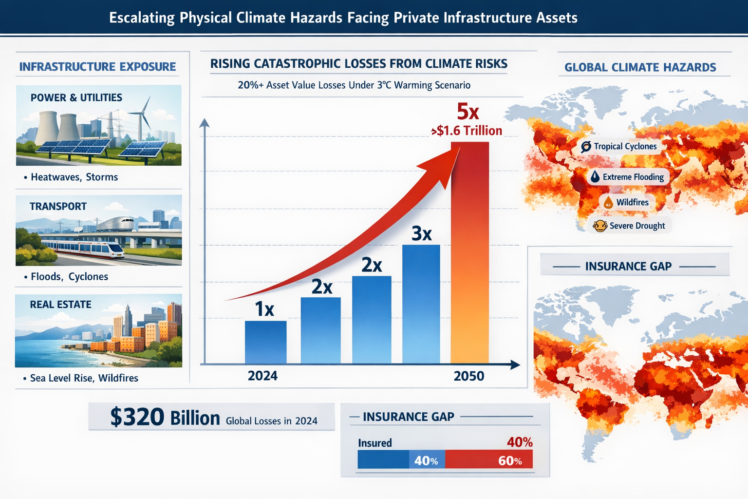 Detailed landscape format (1536x1024) infographic illustration showing the escalating physical climate hazards facing private infrastructure