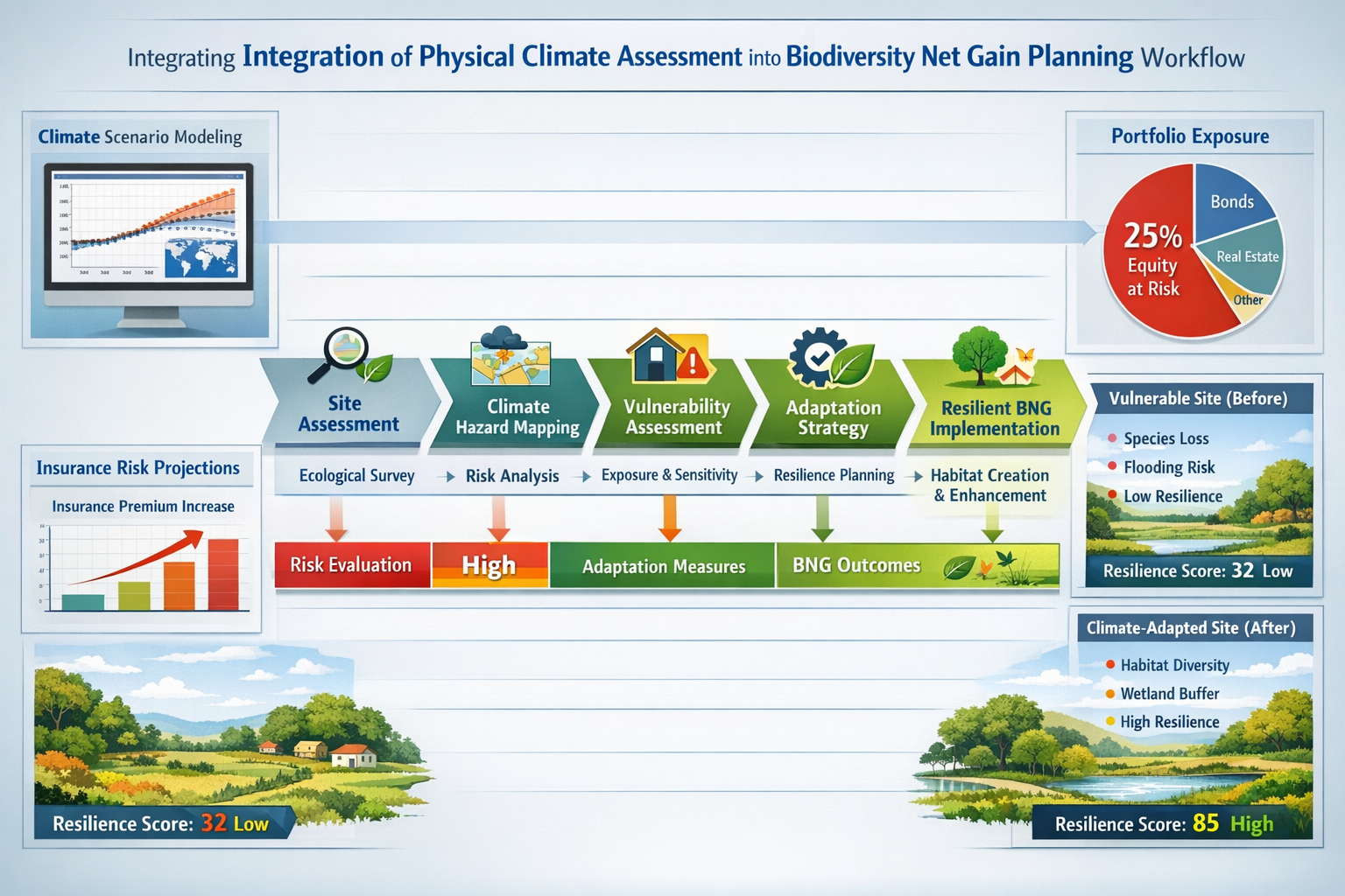 Detailed landscape format (1536x1024) strategic planning illustration showing integration of physical climate risk assessment into biodivers