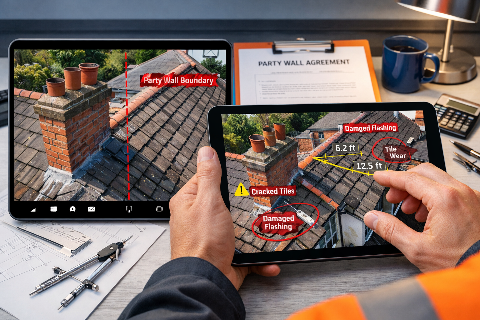 () detailed close-up image showing professional surveyor operating tablet controller displaying live drone feed of