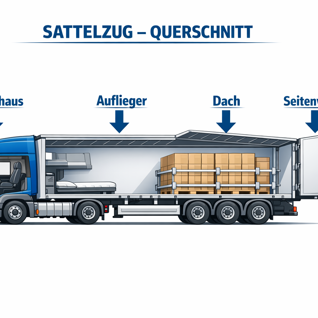 () detailed infographic-style illustration showing a labeled cross-section diagram of a Sattelzug (articulated truck) with