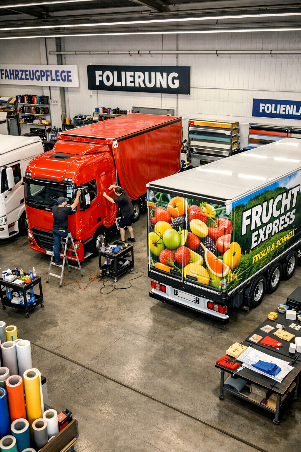 () overhead aerial view of a large professional vehicle wrapping workshop showing multiple Sattelzüge at different stages of
