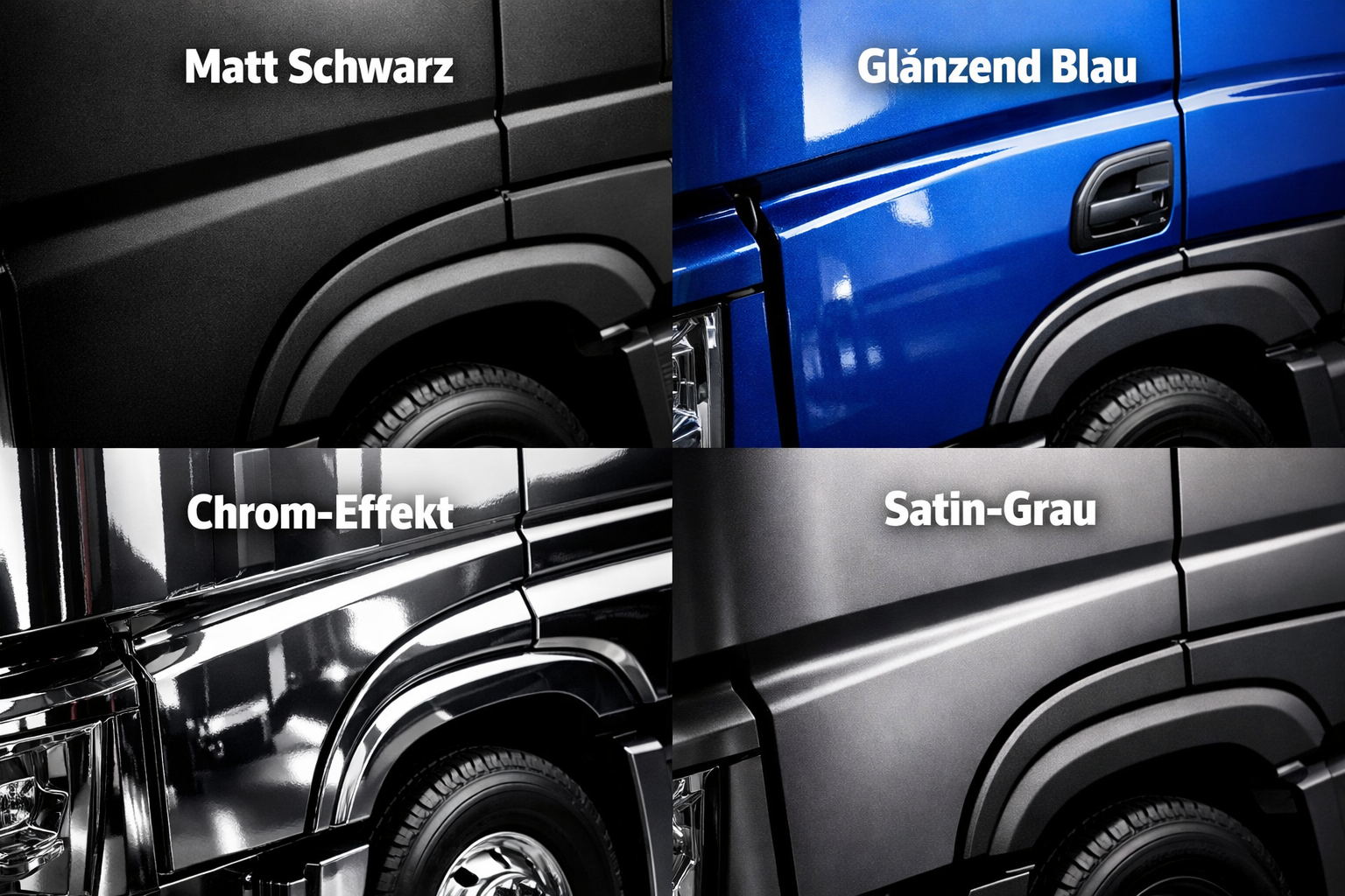 () close-up comparison panel split into four quadrants showing different Sattelzug Folierung finish types side by side: matt