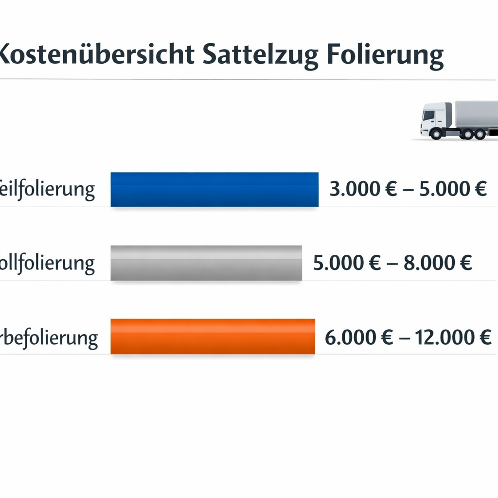() cost breakdown visual for Sattelzug Folierung showing a horizontal bar chart with German labels: 'Teilfolierung',