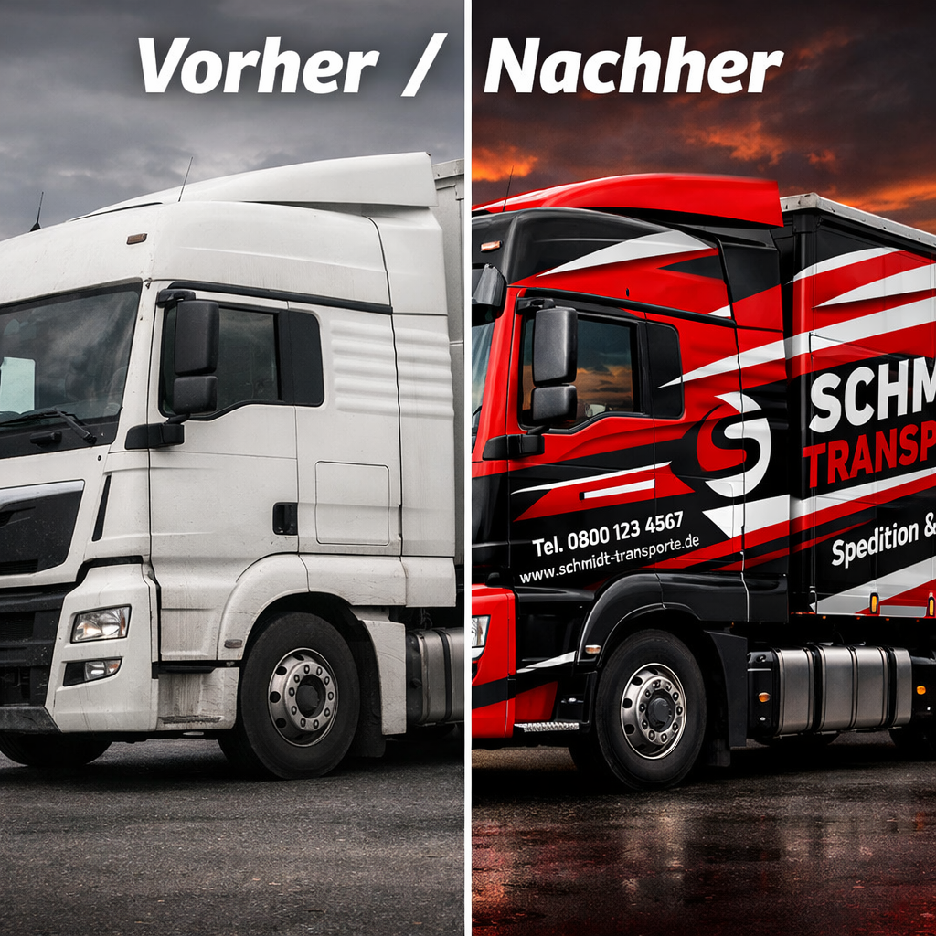 () before-and-after split image of the same Sattelzug: left half shows a faded, worn, plain white truck cab; right half