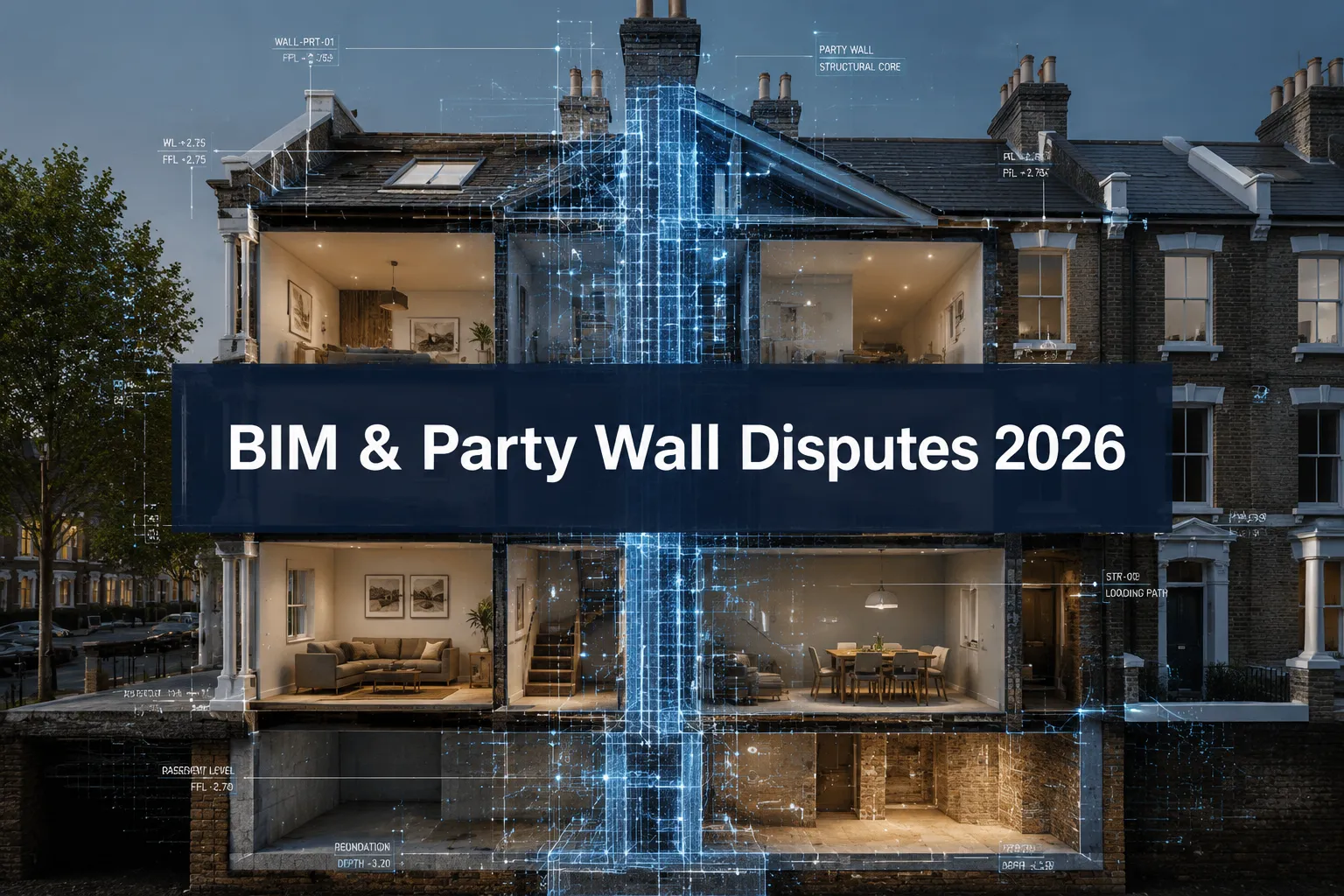 Professional () hero image with (≤42 chars): 'BIM & Party Wall Disputes 2026', crisp white on a deep navy semi-transparent