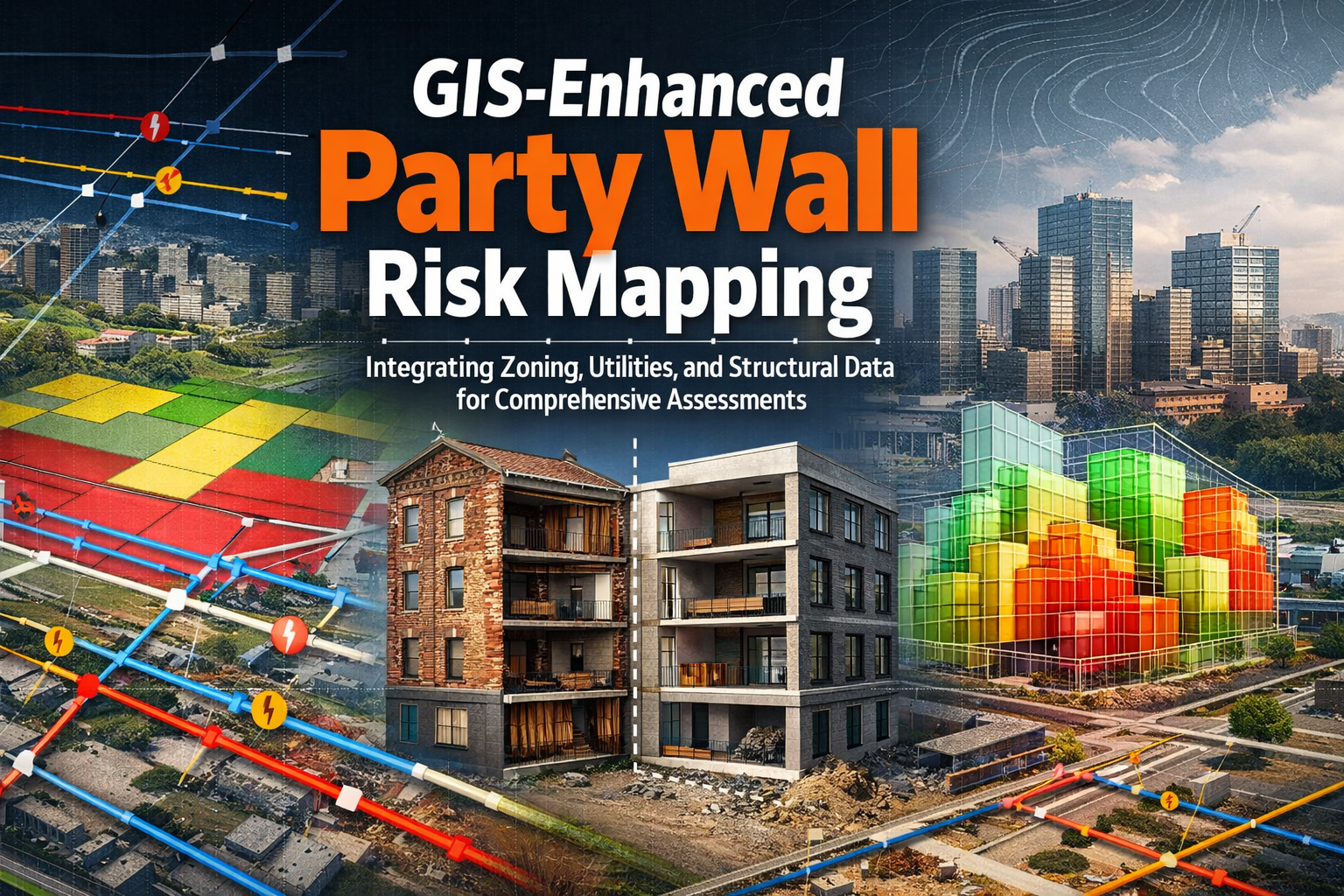 Professional landscape hero image () with : "GIS-Enhanced Party Wall Risk Mapping: Integrating Zoning, Utilities, and