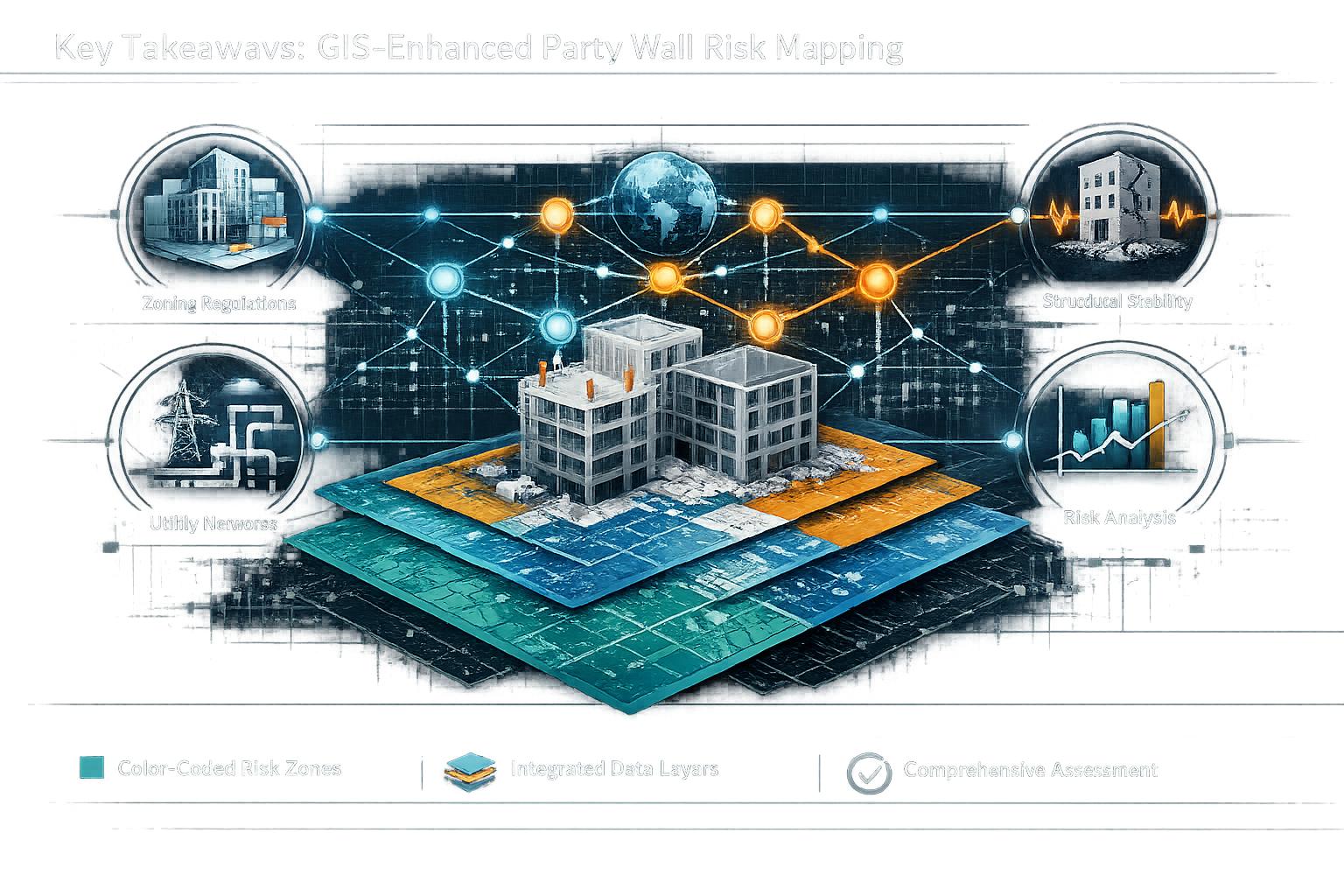 Key Takeaways section infographic visualizing GIS-Enhanced Party Wall Risk Mapping, featuring a 3D architectural blueprint