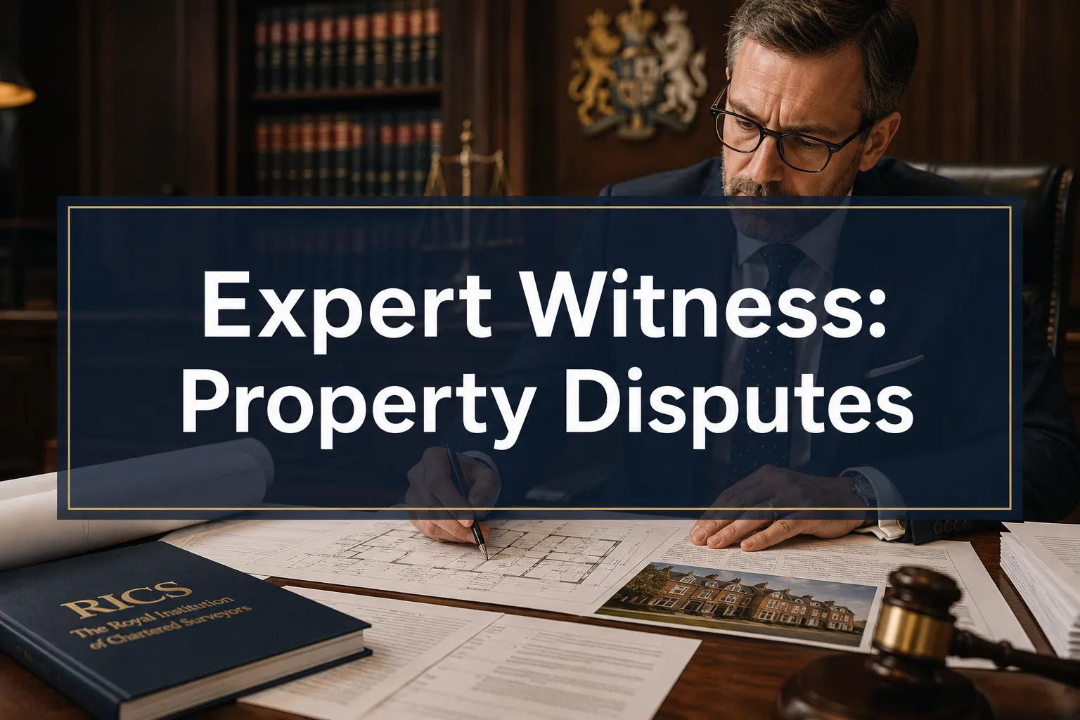 Professional () hero image with (≤42 chars): 'Expert Witness: Property Disputes' in crisp white on a deep navy
