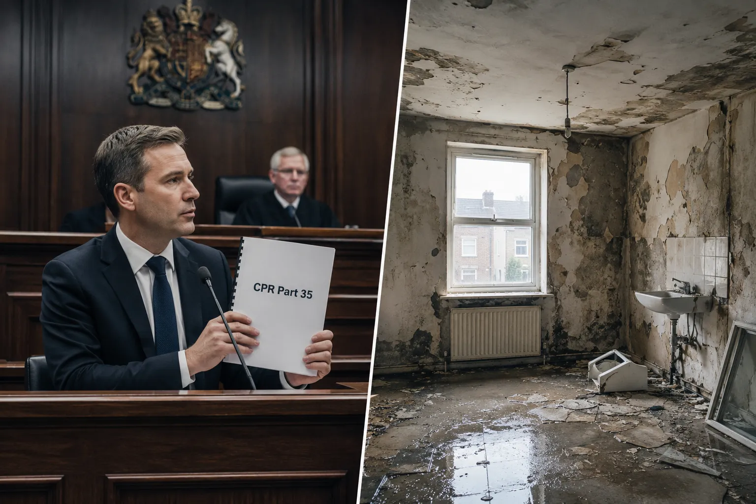 Editorial () split-screen illustration: left side shows a formal UK courtroom witness stand with a professional in a dark