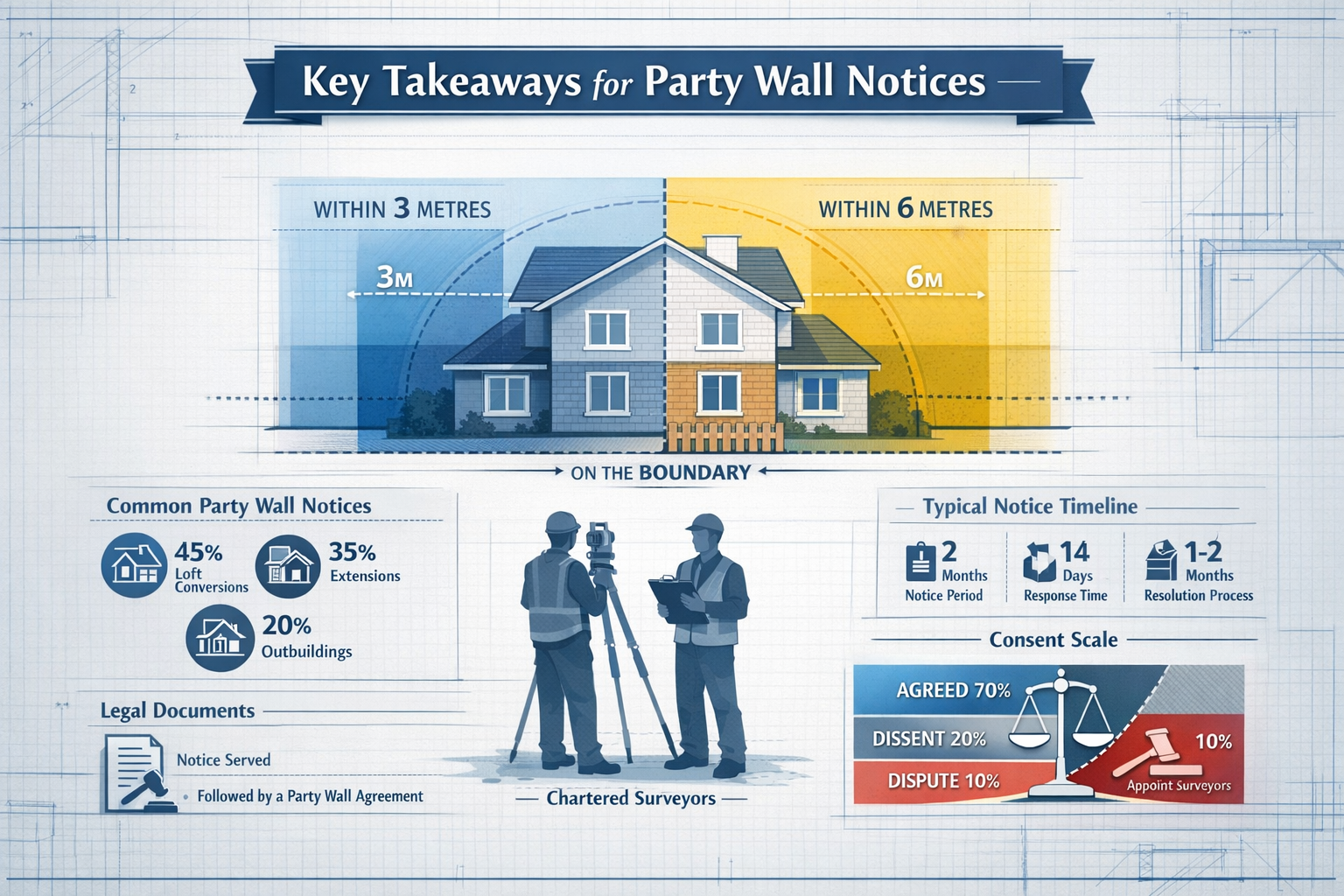 Comprehensive editorial-style infographic visualizing 'Key Takeaways' for Party Wall Notices, featuring a clean