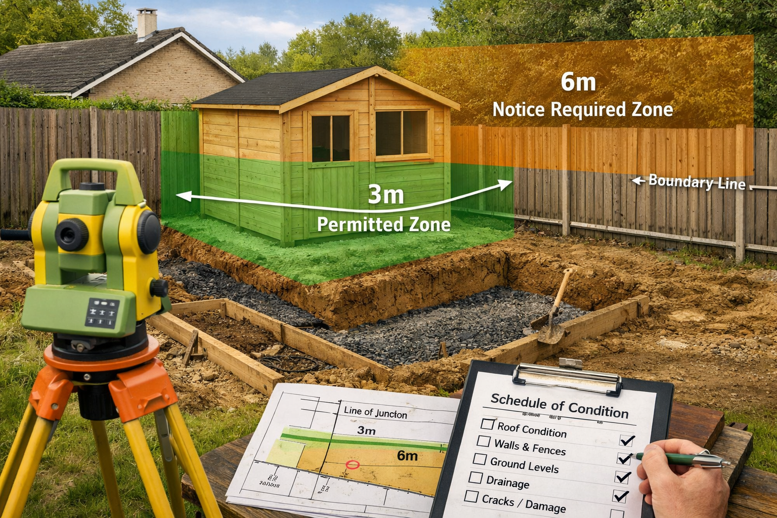 Detailed () image depicting garden outbuilding or shed installation scenario near boundary line. Scene shows timber shed