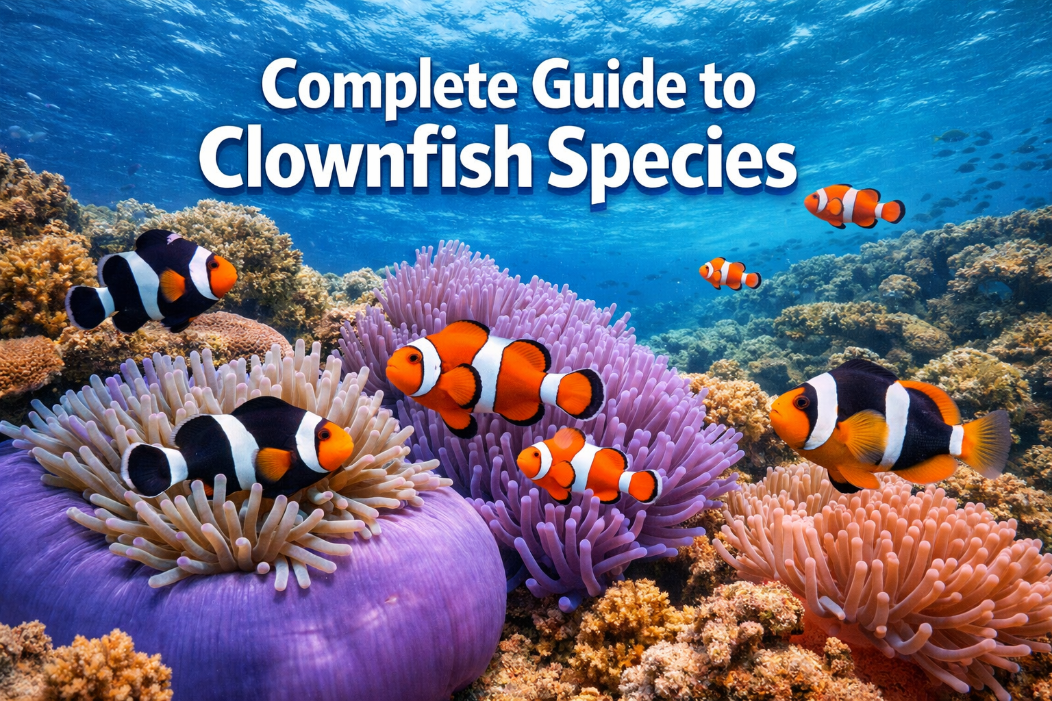 Professional landscape hero image (1536x1024) featuring vibrant underwater coral reef scene with multiple colorful clownfish species swimmin