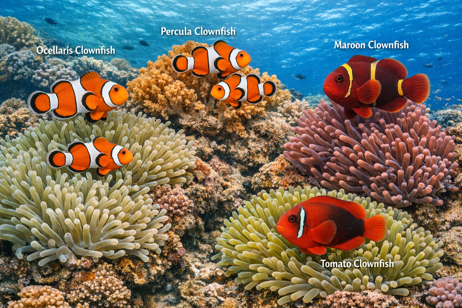 Detailed underwater photography showing diverse clownfish species in their natural habitat, featuring Ocellaris, Percula, Maroon, and Tomato