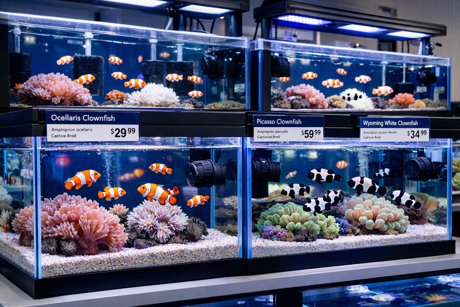 Professional aquarium setup photograph displaying captive-bred clownfish species in pristine saltwater tank environment. Multiple tank syste