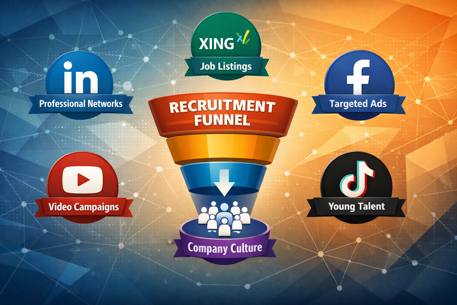 Landscape format (1536x1024) illustration showing various social media platform logos (LinkedIn, XING, Facebook, Instagram, TikTok, YouTube) - Mitarbeitergewinnung über Social Media 3 Landscape format (1536x1024) illustration showing various social media platform logos (LinkedIn, XING, Facebook, Instagram, TikTok, YouTube)