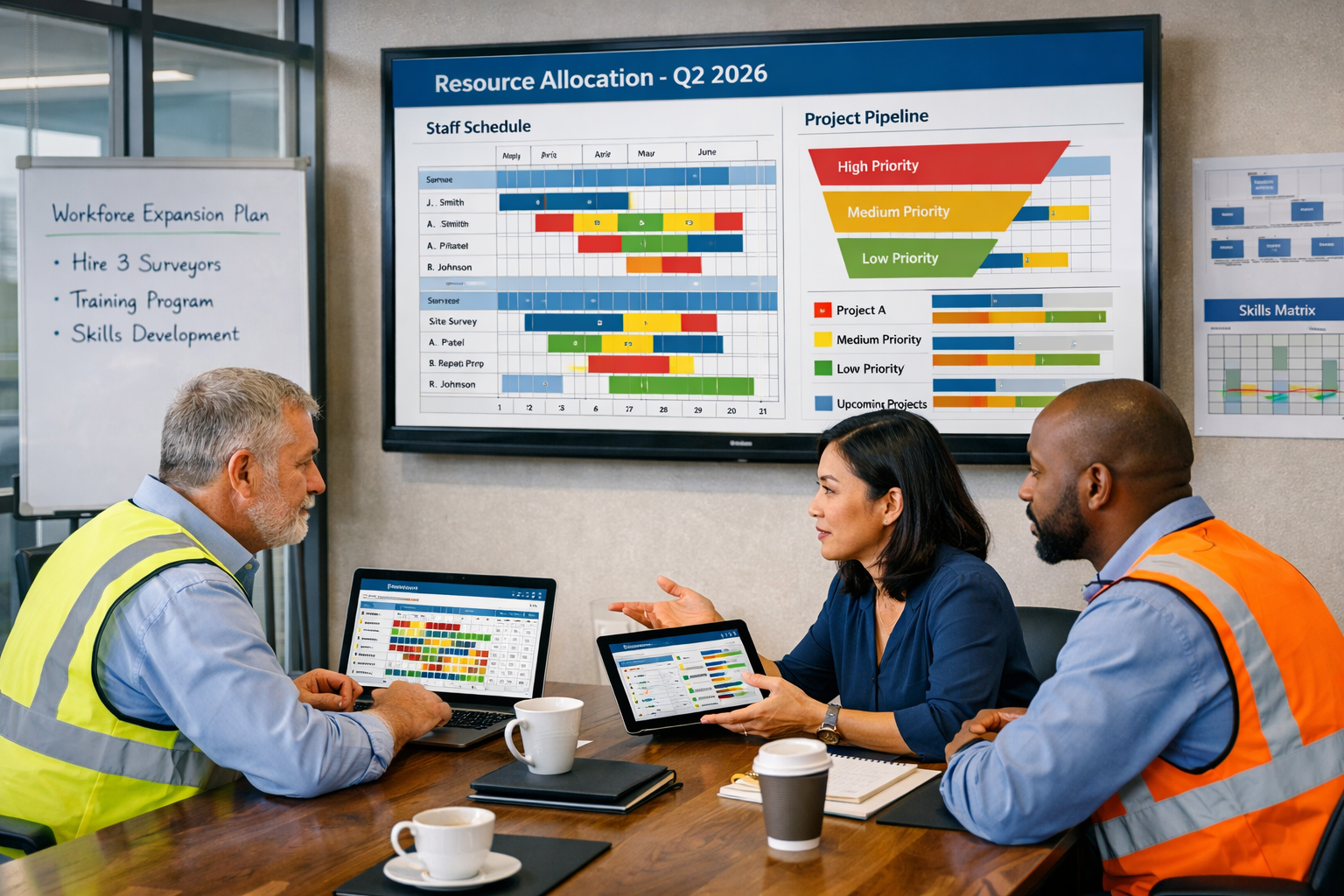 () editorial image showing diverse team of professional surveyors in modern office environment conducting capacity planning