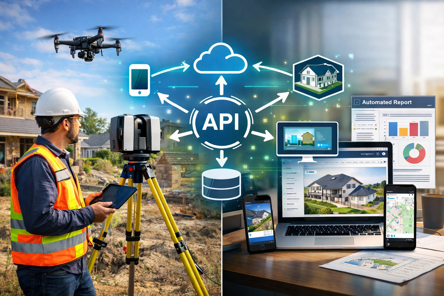 () detailed image showcasing technology integration in surveying operations. Split-screen composition: left side displays