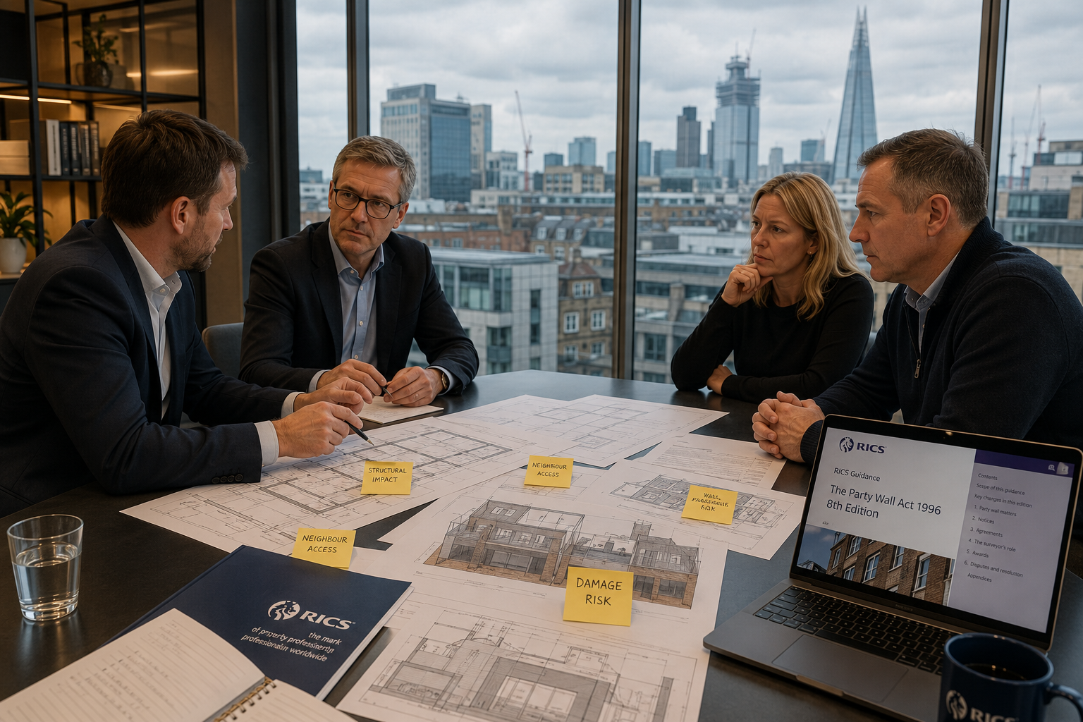 () scene showing a formal party wall dispute meeting between two UK property surveyors and building owners seated at a