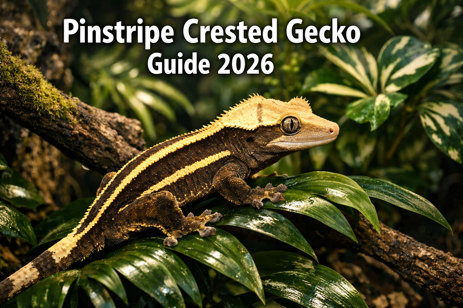 Professional landscape format (1536x1024) hero image featuring a stunning pinstripe crested gecko with distinctive lateral striping patterns