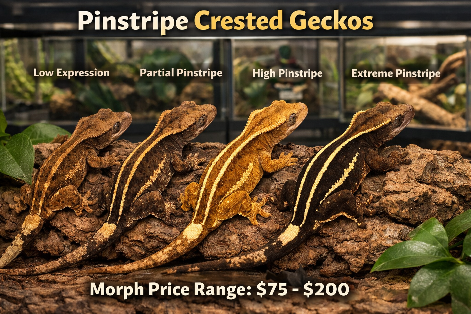 Detailed landscape format (1536x1024) image showcasing multiple pinstripe crested gecko morphs side by side, displaying various pinstripe pa